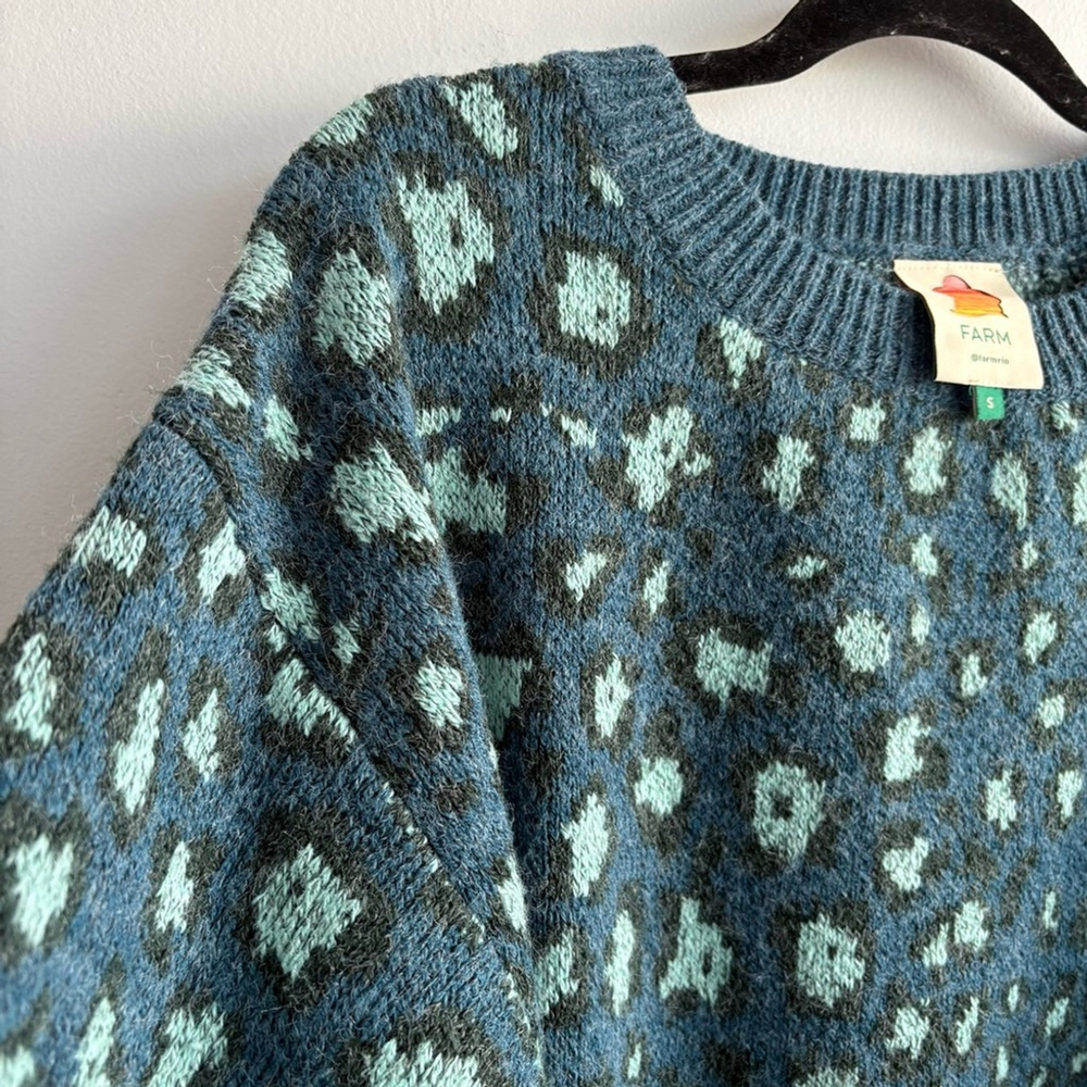 Farm Rio Green Leopard Knit Sweater Teal Blue Sz Small - Picture 3 of 11